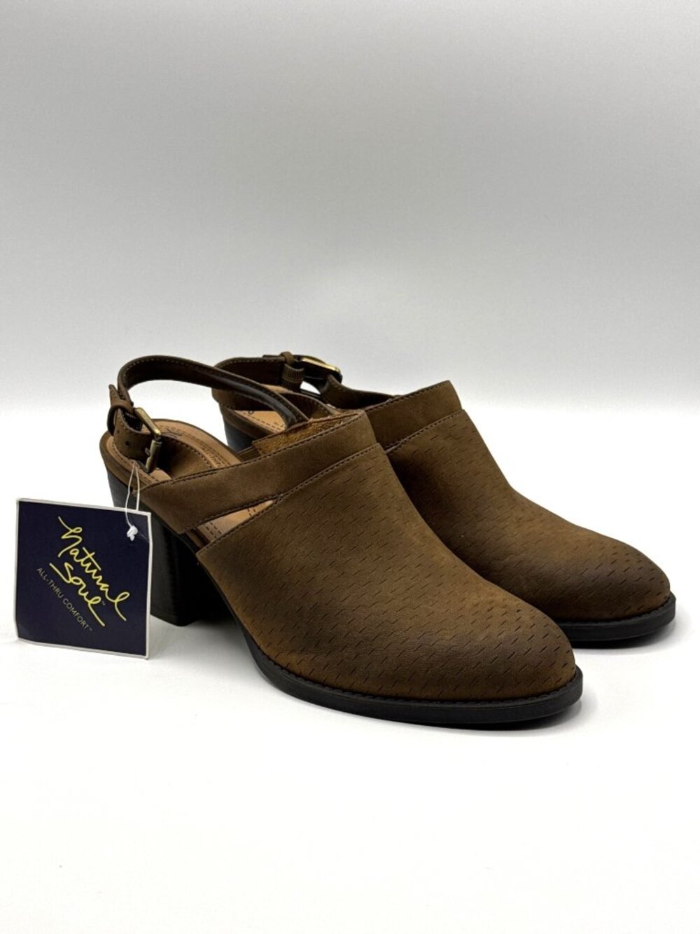 Natural Soul Tally Brown Perforated Slingback Clog Block Heel Shoes NWT Size 10
